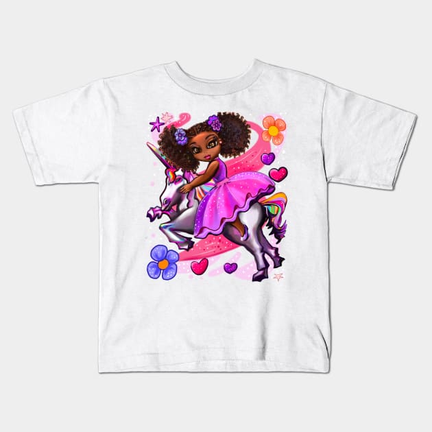 Curly hair Princess on a unicorn pony 7 - black girl with curly afro hair on a horse. Black princess Kids T-Shirt by Artonmytee